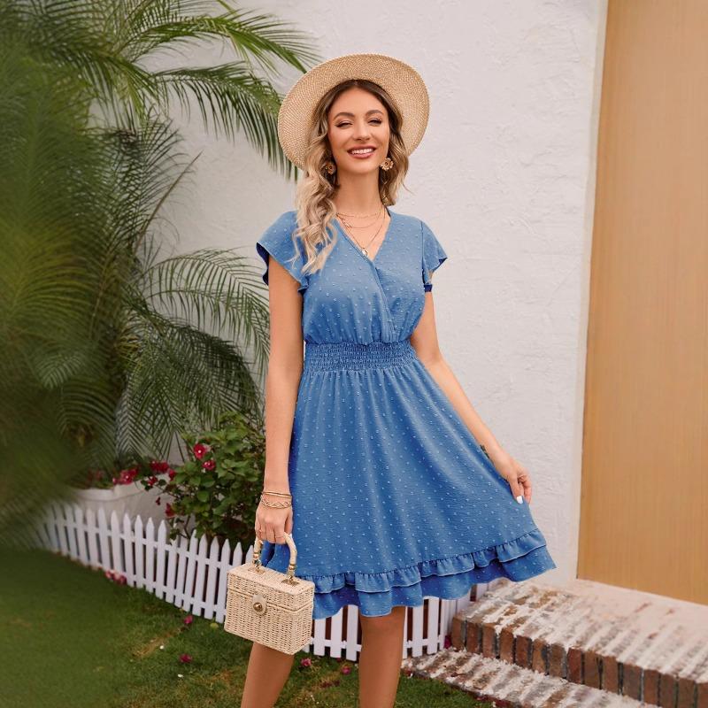 Женское весенне-летнее платье с V-образным вырезом на талии, повседневное праздничное платье с короткими рукавами, утягивающее платье