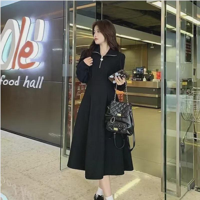 Женское платье-свитер на молнии в корейском стиле больших размеров - плотный бархат, однотонный, повседневная длинная юбка на осень/зиму