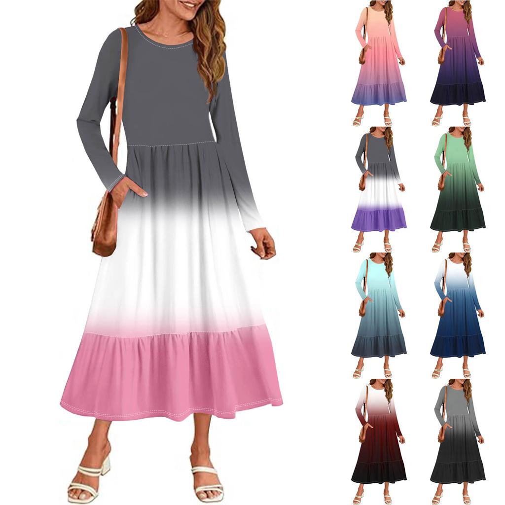 Women's Gradient Sequins Printed Casual Dress Spring Autumn Pocket Round Neck Long Sleeve Dresses