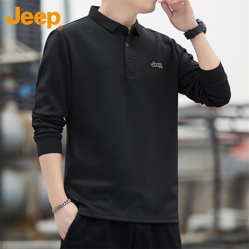 JEEP Men's Long-Sleeve Polo Shirt, Spring And Autumn Men's Clothing, Base Layer, Loose Top, Black, Size L