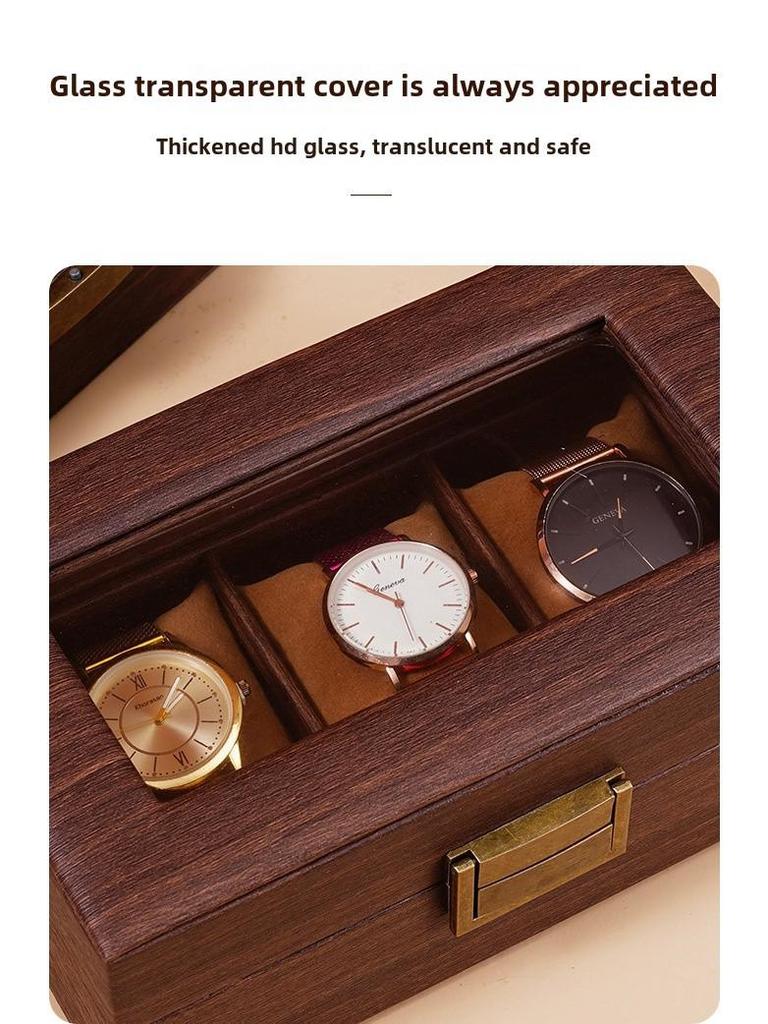 Exquisite Vintage Wood Grain Leather Watch Box with Dustproof Glass Lid for Wristwatch Display and Storage.
