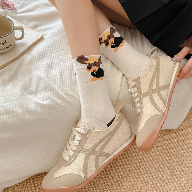 Мультяшные носки, Женские осенне-зимние носки до середины икры с фестончатым краем, Милые носки с таксой Дуи, Коричневые длинные носки