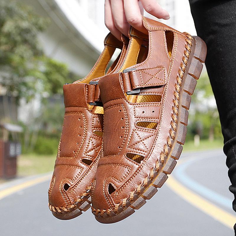 Повседневная обувь из натуральной кожи для мужчин, классические мужские сандалии с вырезами, летние мужские кроссовки для прогулок на свежем воздухе, дышащие мужские сандалии