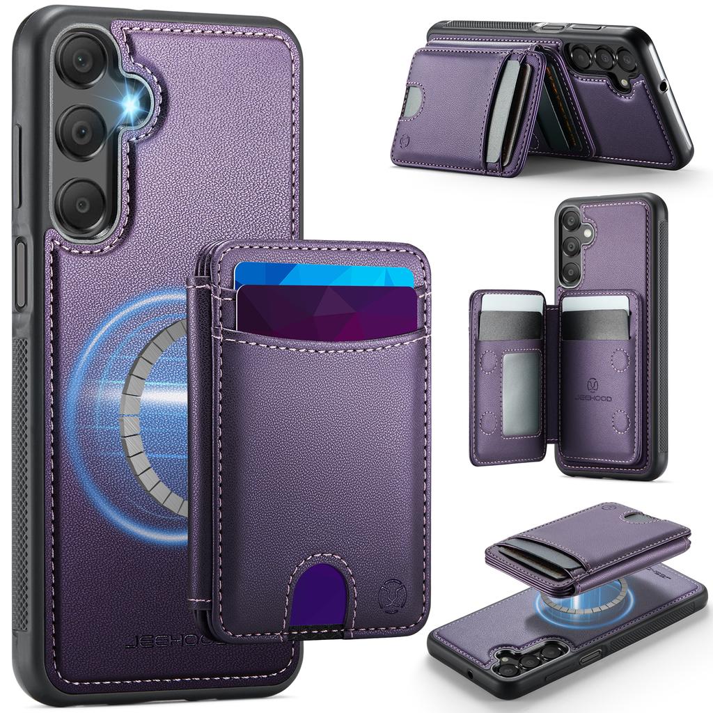 For Samsung Galaxy A15 5G/Galaxy A15 4G Magnetic Case JEEHOOD J10 Leather Back Phone Cover with Detachable Card Holder Kickstand