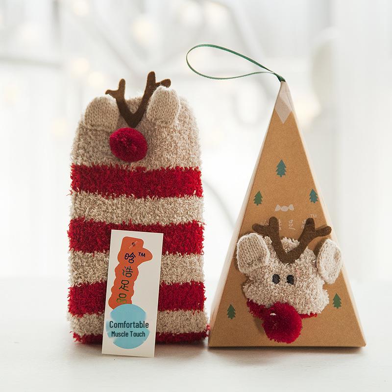 3D Cartoon Coral Fleece Christmas Socks for Adults & Kids, Half-Velvet with Acrylic Ball Design