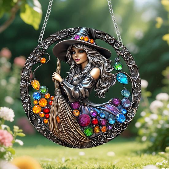 Halloween Witch Black Cat Hanging Sign 2D Flat Acrylic Broom