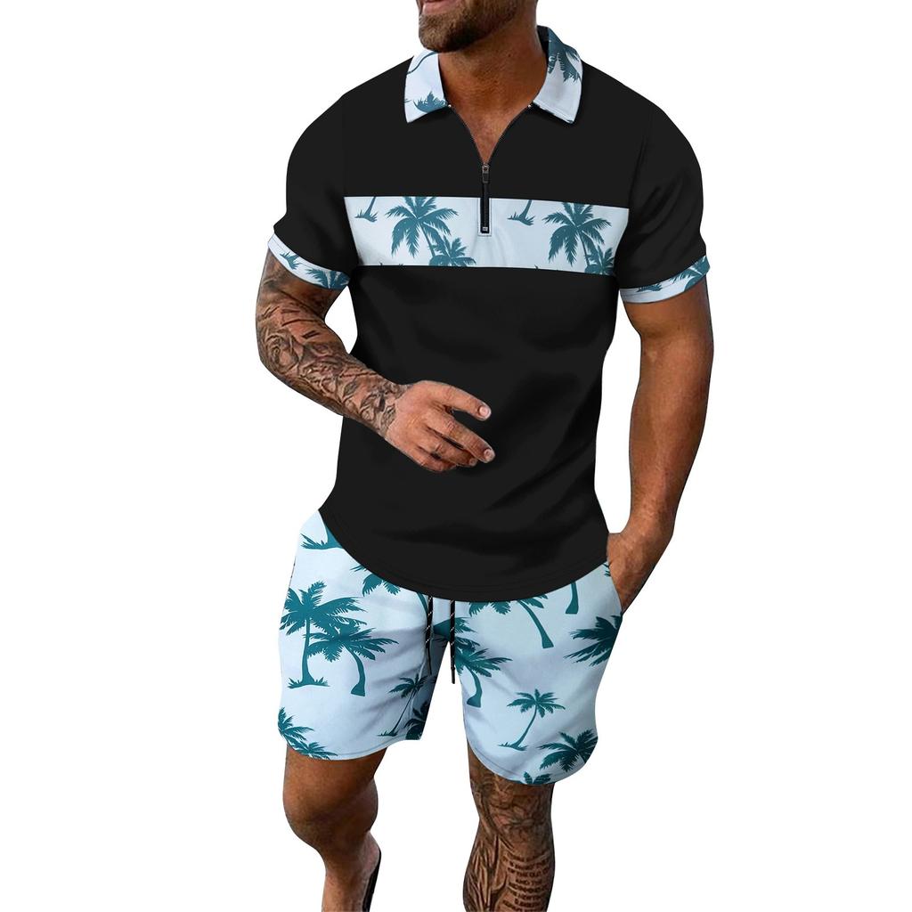 Мужской летний гавайский принтованный костюм с коротким рукавом и застежкой-молнией и лацканами, повседневный спортивный костюм для мужчин