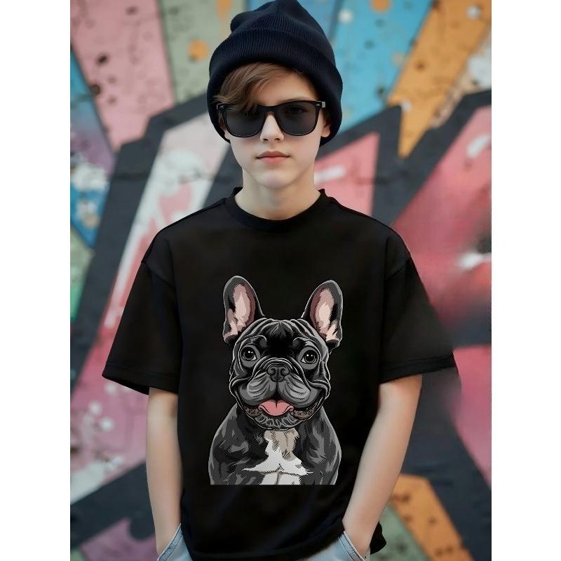 European sizes Boys' T-shirt French Bulldog Portrait Art Print, Ideal for Outdoor Activities, Soft Knitted Top, Comfortable And Breathable