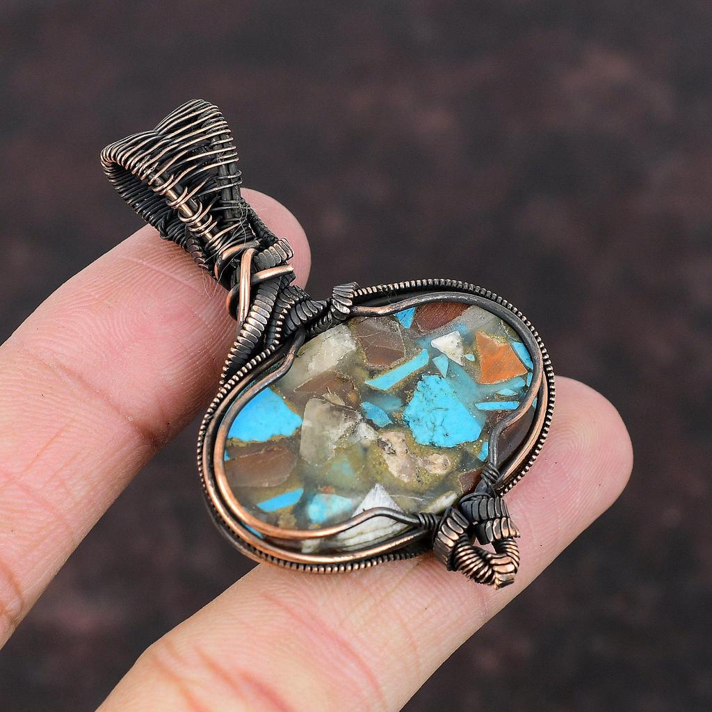 Колючая устрица Медь Бирюза Кулон Медная проволока Обернутый драгоценный камень Кулон ручной работы Ювелирные изделия Обернутый кулон для подарка Медь Дизайнерские украшения