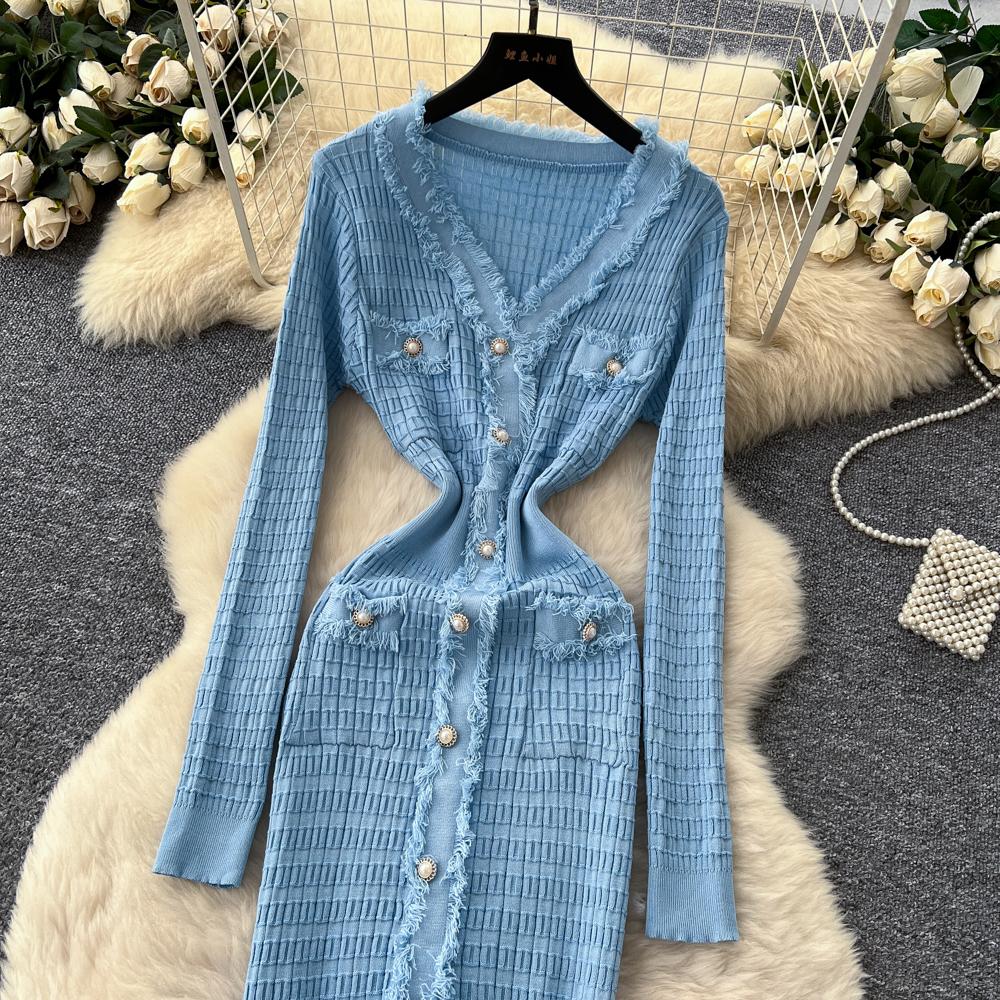 Новые женские платья Осень Зима Винтажное лоскутное вязаное миди-платье Элегантное платье-рубашка-свитер с V-образным вырезом и оборками