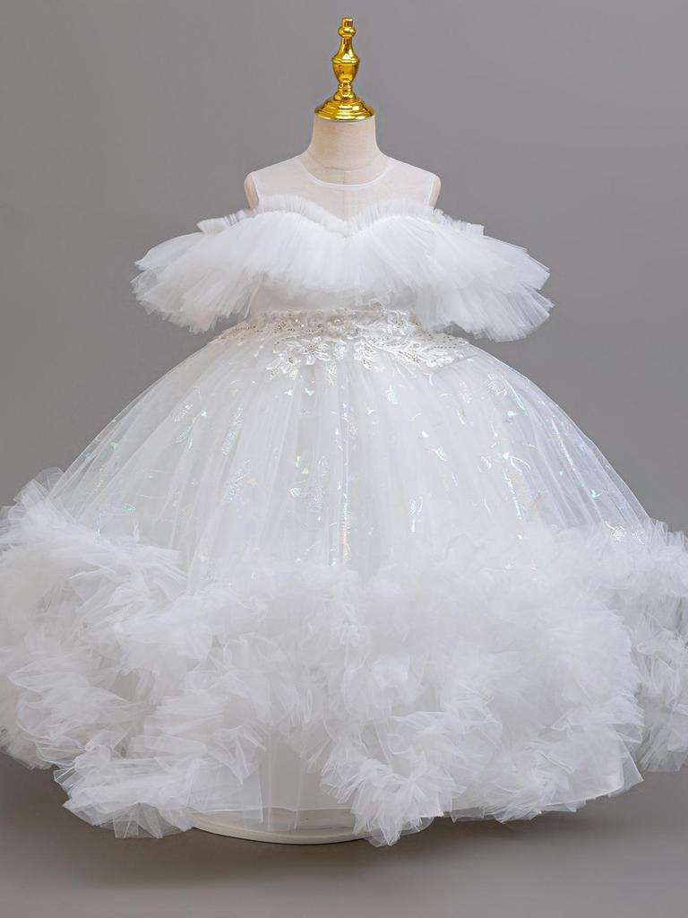 Girls' One-Shoulder Princess Dress with Mesh Puff Skirt – Formal Flower Girl Birthday Dance Costume