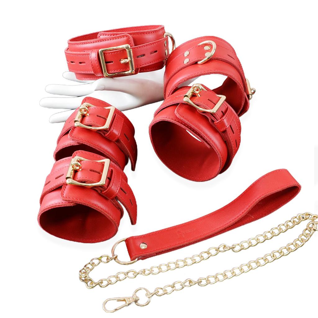 xinXbabe SM Restraints Leather Restraints Genuine Cow Hide SM Goods 3 Piece Set Collar with Lead Handcuffs Chains Restraints Adult Goods Passionate