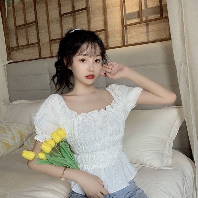 Короткая шифоновая рубашка с квадратным вырезом, топ с пышными рукавами, женская тонкая рубашка с коротким рукавом, женские блузки, простой повседневный стиль