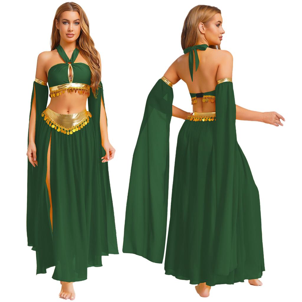 Women's Belly Dance Costume Set: Self-Tie Halter Crop Top with Built-In Briefs & Side Slit Chiffon Skirt + Removable Split Sleeves