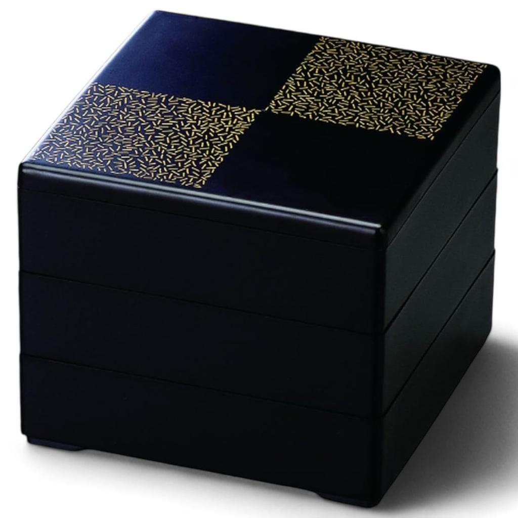 J-kitchens Шкатулка-jubako с 3 ярусами, лакированная, 7,0 дюймов, матово-черная с золотым клетчатым узором, 21,0 см, смола, производство Япония