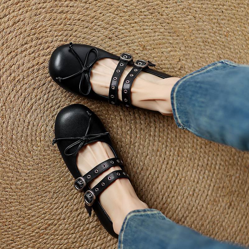 Krazing Pot Nubuck Fashion Spring Size 42 41 Beauty Flat with Women Round Toe Shoes Rivets Ballet Dance Bowtie Decoration Shallow Flats