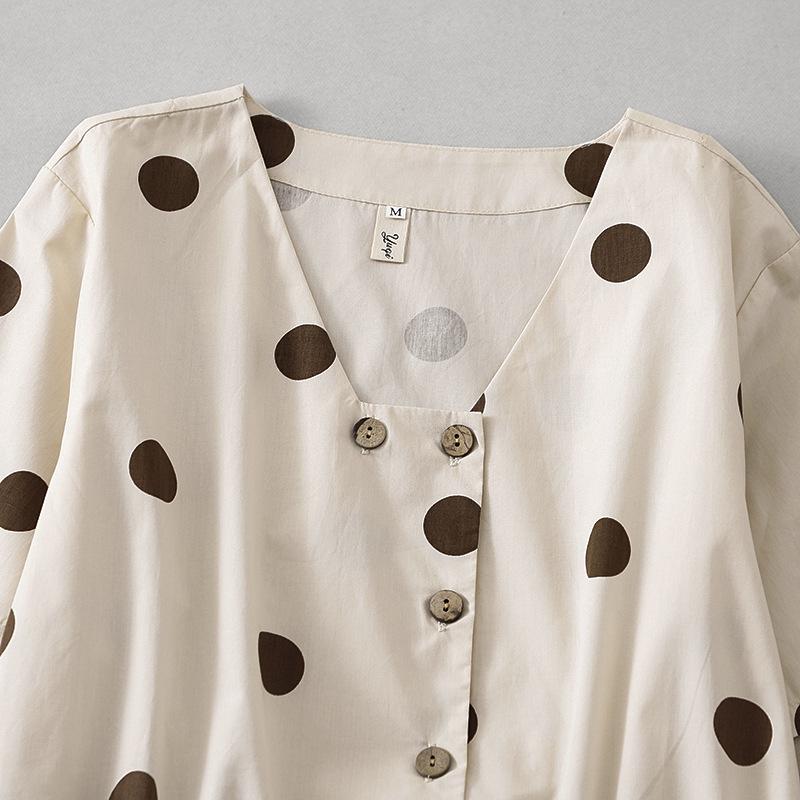 Ретро платье в горошек из хлопка и льна с V-образным вырезом для женщин