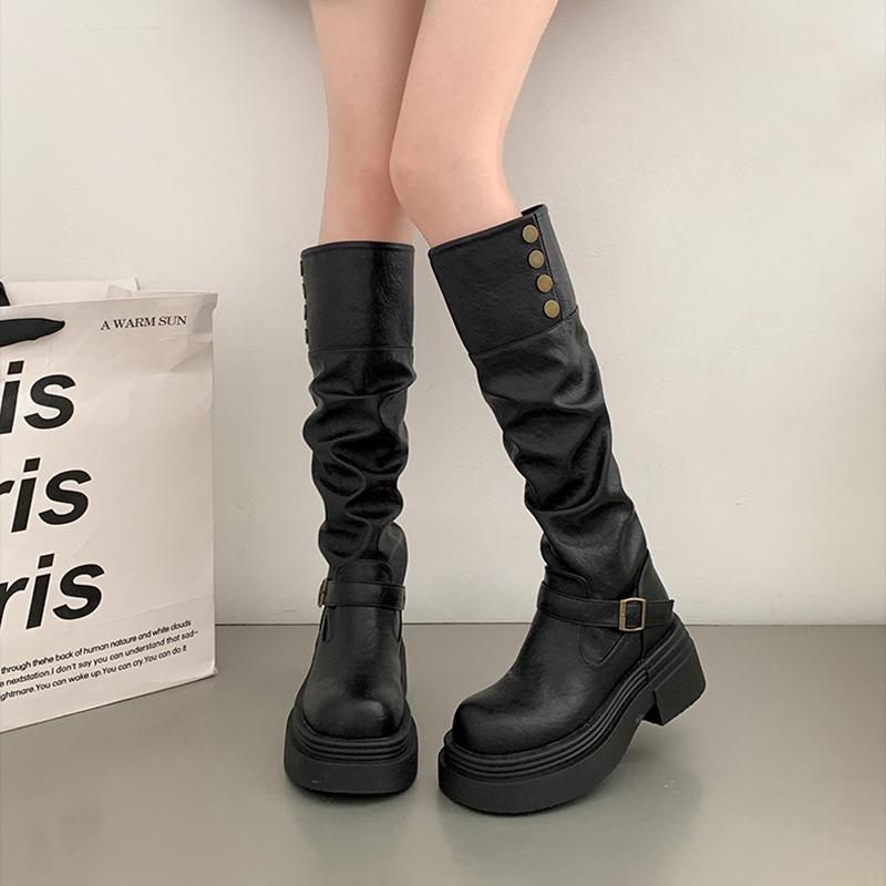 Мода Винтаж Коричневый Женщины Вестерн Ковбойские сапоги Мода Slip On Рыцарь Длинные Ботильоны Дамы Платформа Толстый Каблук Botas Mujer