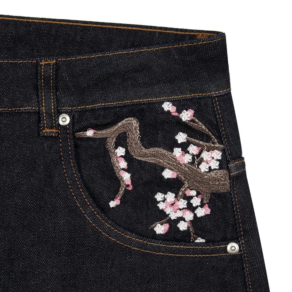 Джинсовые брюки с вышивкой Cherry Blossom Selvedge Y2k Retro Casual Baggy Wide Leg Jeans High Quality Hiphop Streetwear