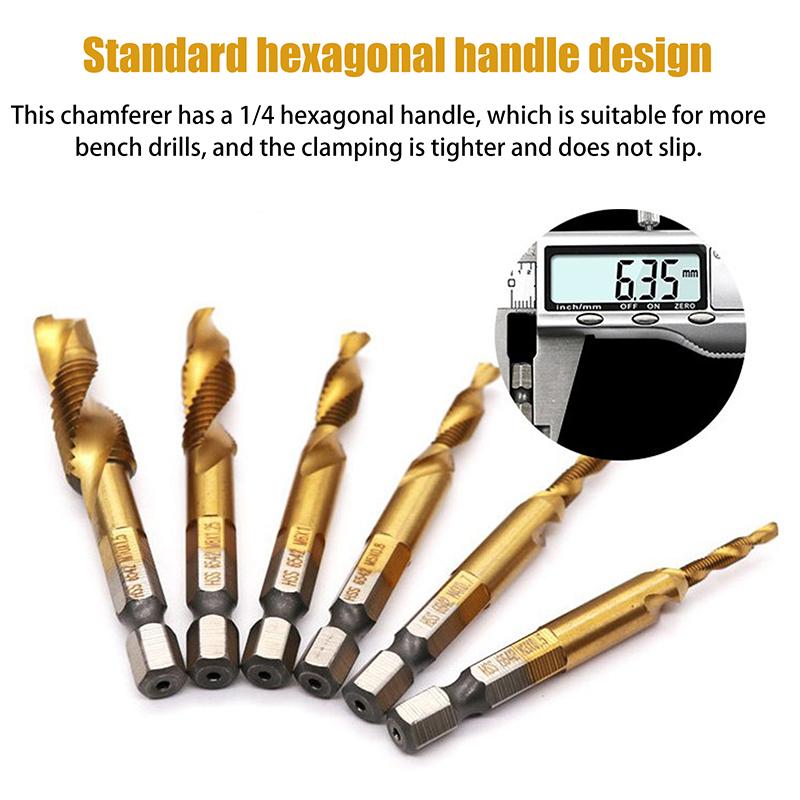 6 шт. быстрорежущей стали M3-M10 с титановым покрытием композитный метчик шестигранное сверло и метчик интегрированный метчик машина с инструментом для снятия фаски отверстия