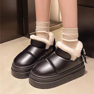 Женские водонепроницаемые тапочки из ПУ кожи: Толстая подошва, теплый вельвет, нескользящий дизайн с бантом для использования на улице