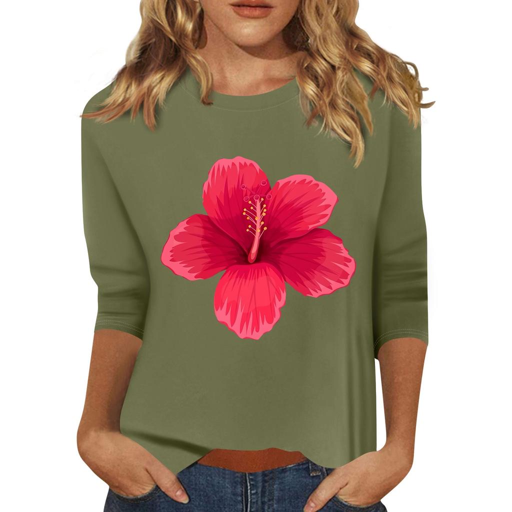 Women's Fashion Casual Printed Seven Sleeve Round Neck Top