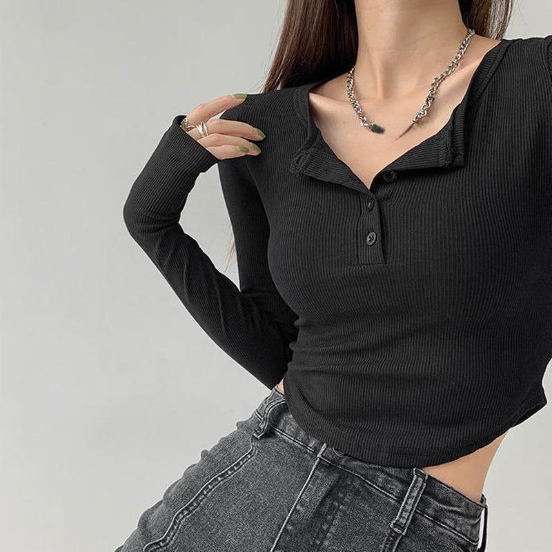 Сексуальные футболки женские тонкие модные топы Y2k осенние укороченные популярные корейские пуговицы с длинным рукавом милые майки для отдыха девичьи