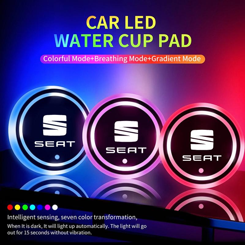 djdf4 7 Colors LED Car Cup Holder Light Luminous Coaster Water Cup Pad For Seat Leon 5F Ibiza Tarraco Arona Ateca Alhambra Accessories