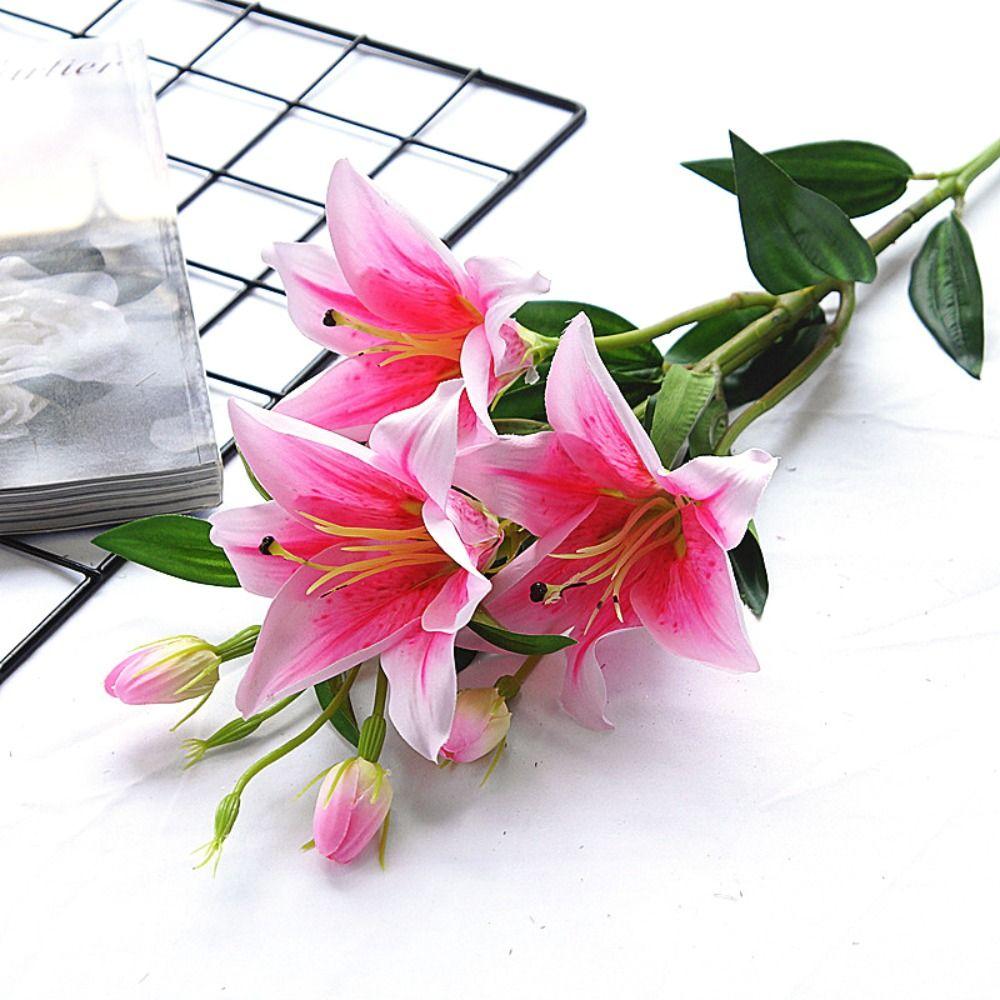 Garden 6 Heads Floral Real Looking Wedding Artificial Flower Faux Lilies Bouquet Branch Fake Plant