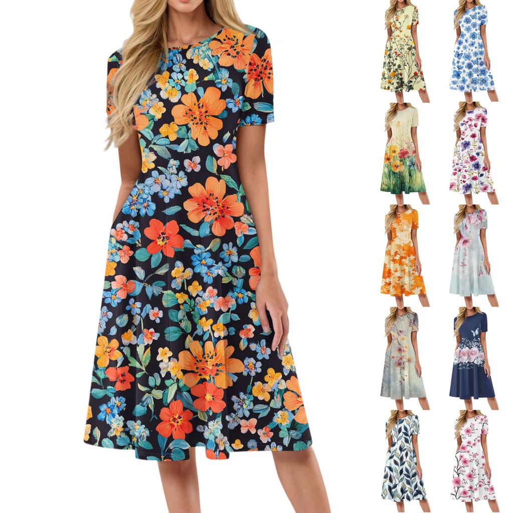 Women's Fashionable Print Round Neck Loose Short Sleeved Pocket Pullover Dress