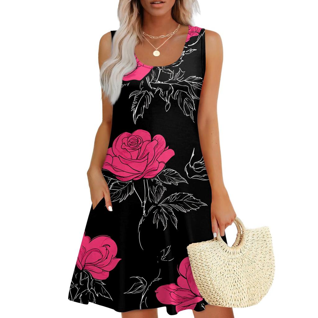 Женский повседневный сарафан с карманами, летнее пляжное платье в стиле бохо, праздничные платья для женщин, футболки, платья с U-образным вырезом, свободные платья-майки