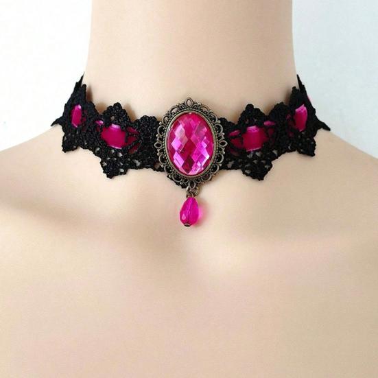 Винтажное кружевное ожерелье, готический чокер с овальным искусственным драгоценным камнем, женское кружевное колье для косплея, повседневной носки, костюмированных вечеринок