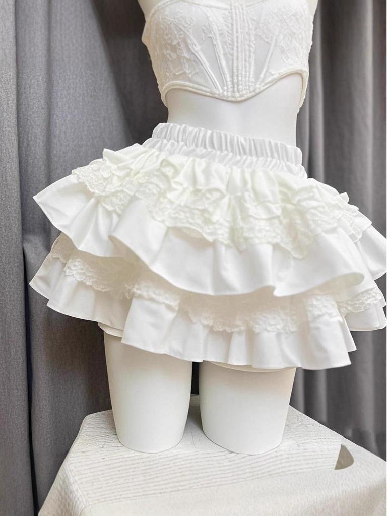 2025 Белая юбка с высокой талией, кружевным узором, в стиле «сладкое сердце», пышная, со слоем против просвечивания