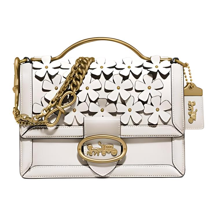 Coach Riley 22 Floral Appliqué Top Handle Chain Leather Handbag Accordion Tote Shoulder Crossbody Medium Women handbags White 697-B4HA