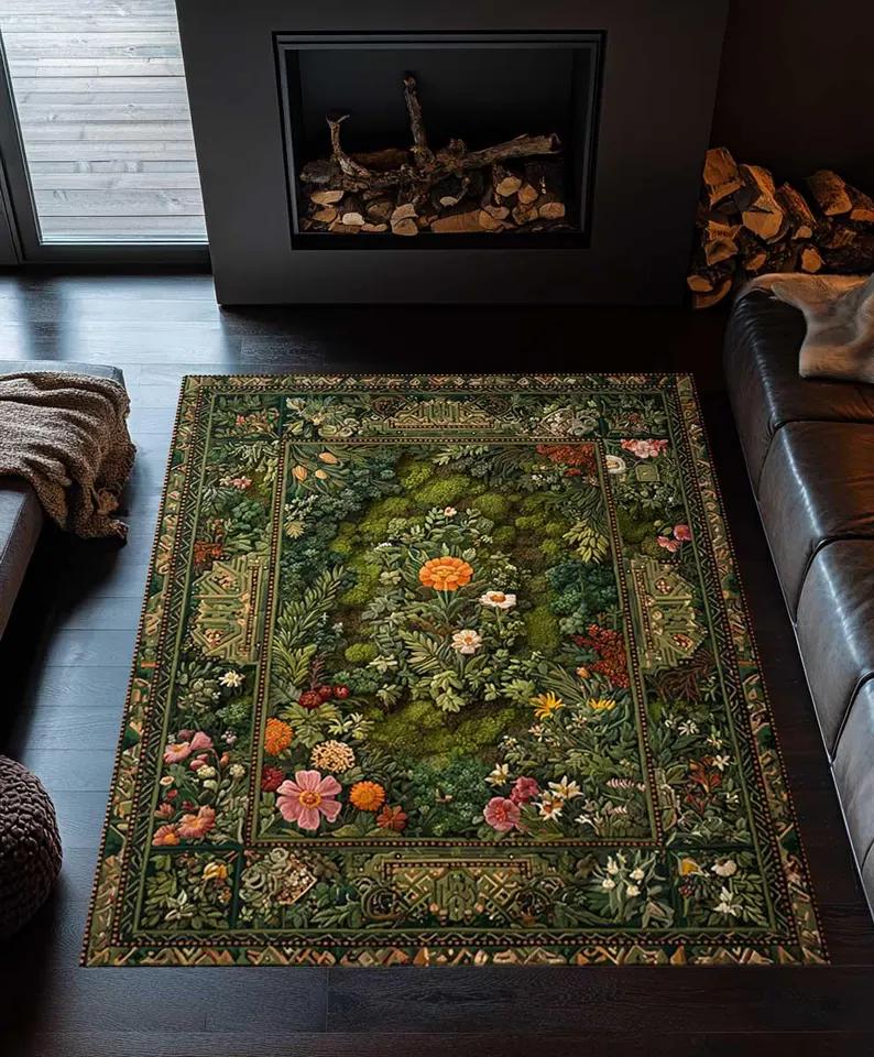 Green Flowers Rug Colorful Boho Decor Living Room Bedroom Rug Home Decoration Retro Carpet