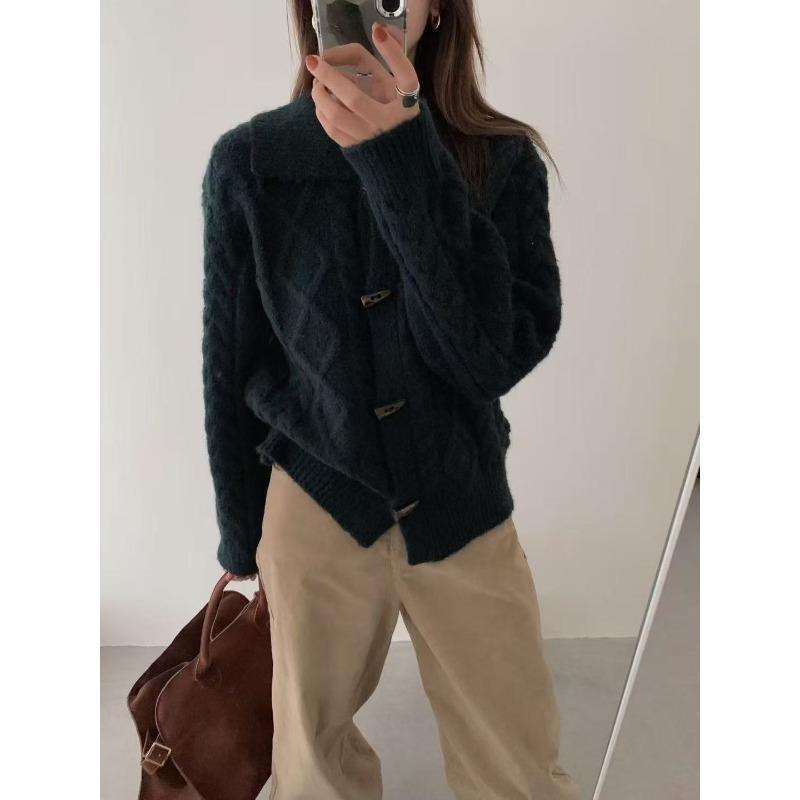 Ретро кардиган крупной вязки с отложным воротником и застежкой на роговую пуговицу, женский осенне-зимний, новый, свободный и тонкий, мягкий и восковой свитер-жакет