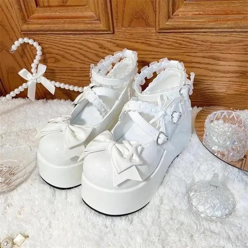 Lace Bowknot White Lolita Shoes Women 2025 Heart Buckle Platform Mary Janes Woman Japanese Style Patent Leather Jk Shoes