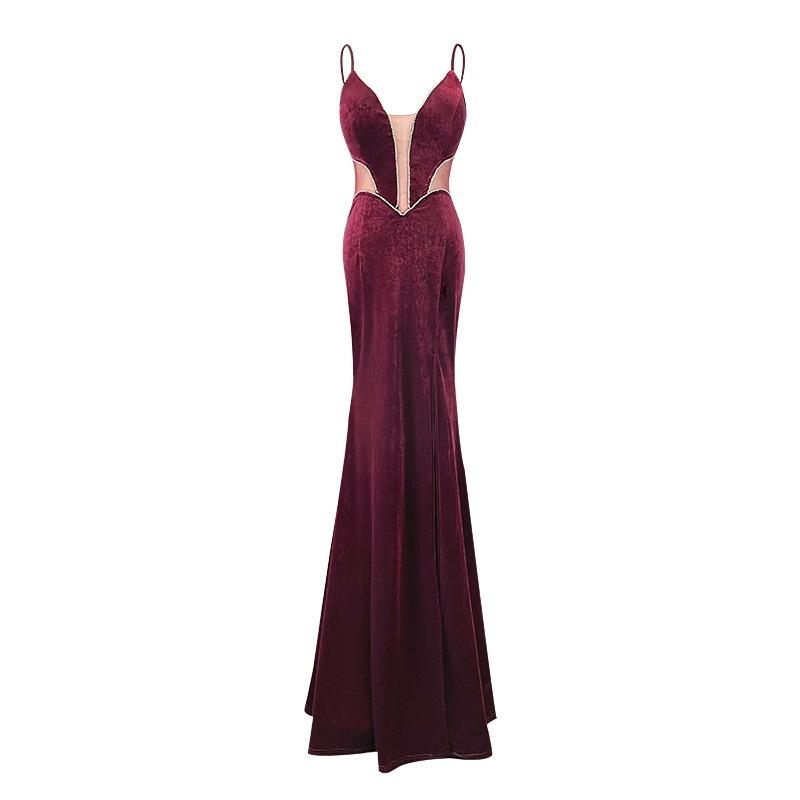 Spring and Summer Women's New Deep V Low-cut Sexy Sling Strap Slim-fit Split Long Evening Dress