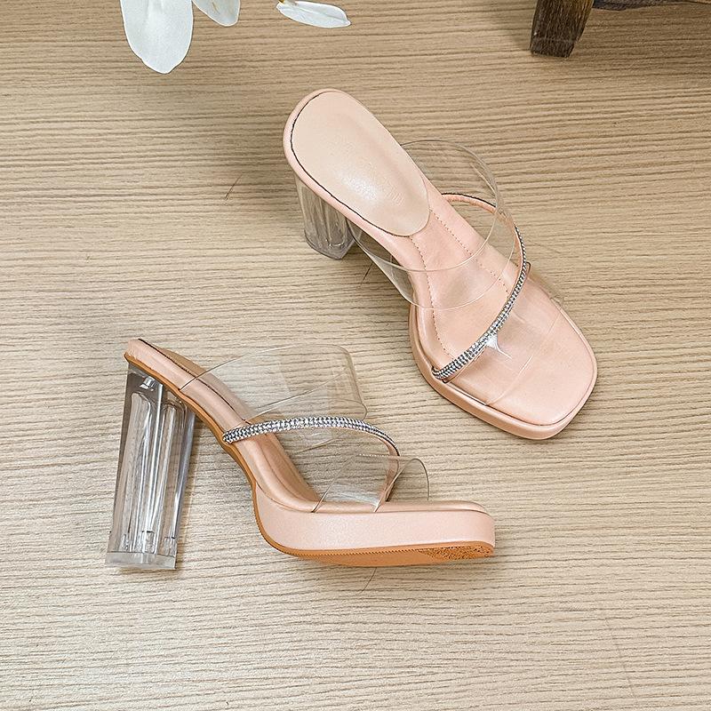 Transparent Nude High Heels Waterproof Table with Sandals Women's Summer New Rhinestone Thick Heel Cool Slippers Women's Outer Wear