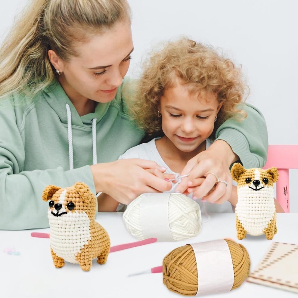 Corgi Crochet Kit for Adults – Beginner Starter Set with Yarn, Hook, Stuffing, Safety Eyes, Instructions | DIY Knitted Animal Doll Craft Gift