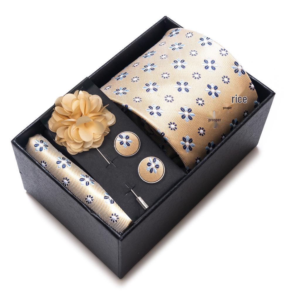 Men's Blue-Gold Stripe Tie Set: Includes Pocket Square, Cufflinks & Lapel Pin in Gift Box - Perfect for Gifts