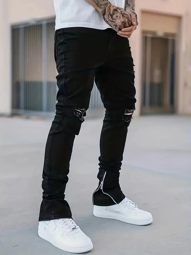 Foot Open Zipper High Quality 4 Color Water Ripped Jeans Men'S Straight Trousers