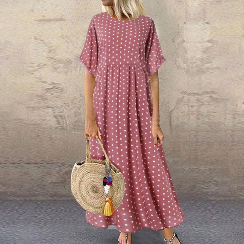 2025 Платье в горошек Лето Новое Круглый вырез Короткий рукав Большая юбка-солнце Свободное Приталенное Длинная юбка Женская одежда