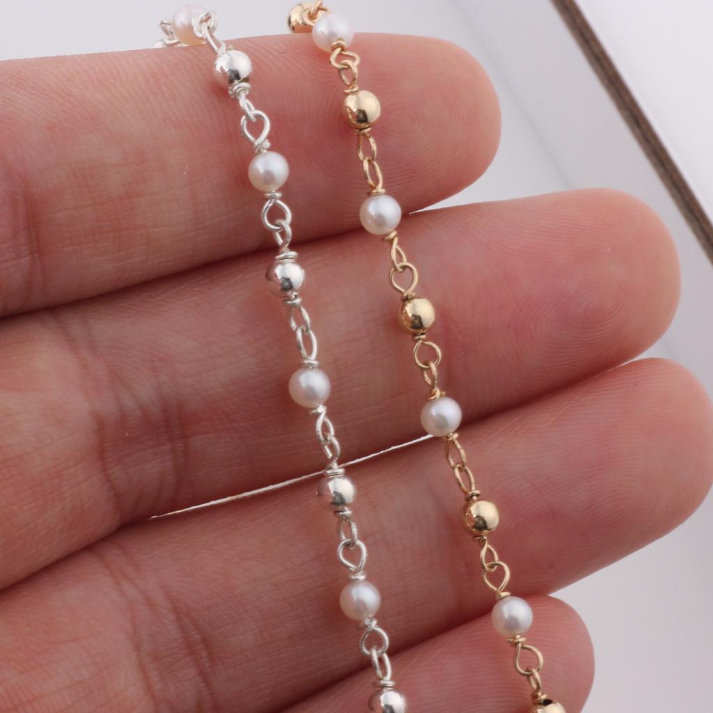 14K Gold Filled/S925 Silver Wire Beaded Pearl & 14K Gold Filled/S925 Silver Beads Two Tone Chain DIY Permanent Jewelry Findings