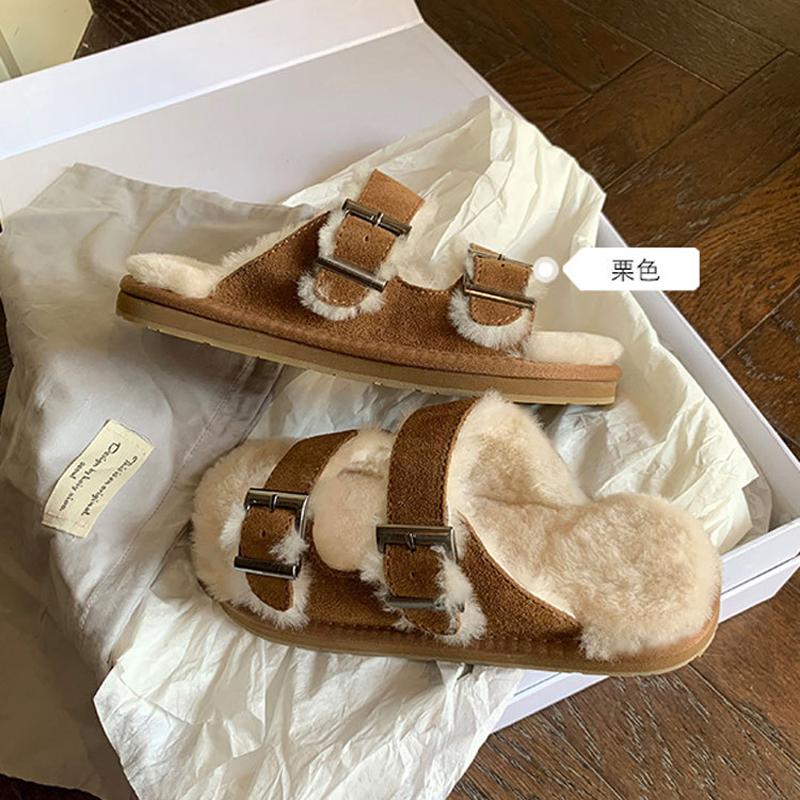 Мода 2025 Пряжка для ремня Шерстяные тапочки Женские туфли из искусственной замши Зимние пушистые шлепанцы Женские балетки Повседневные слипоны Шерстяные пантуфли для дома