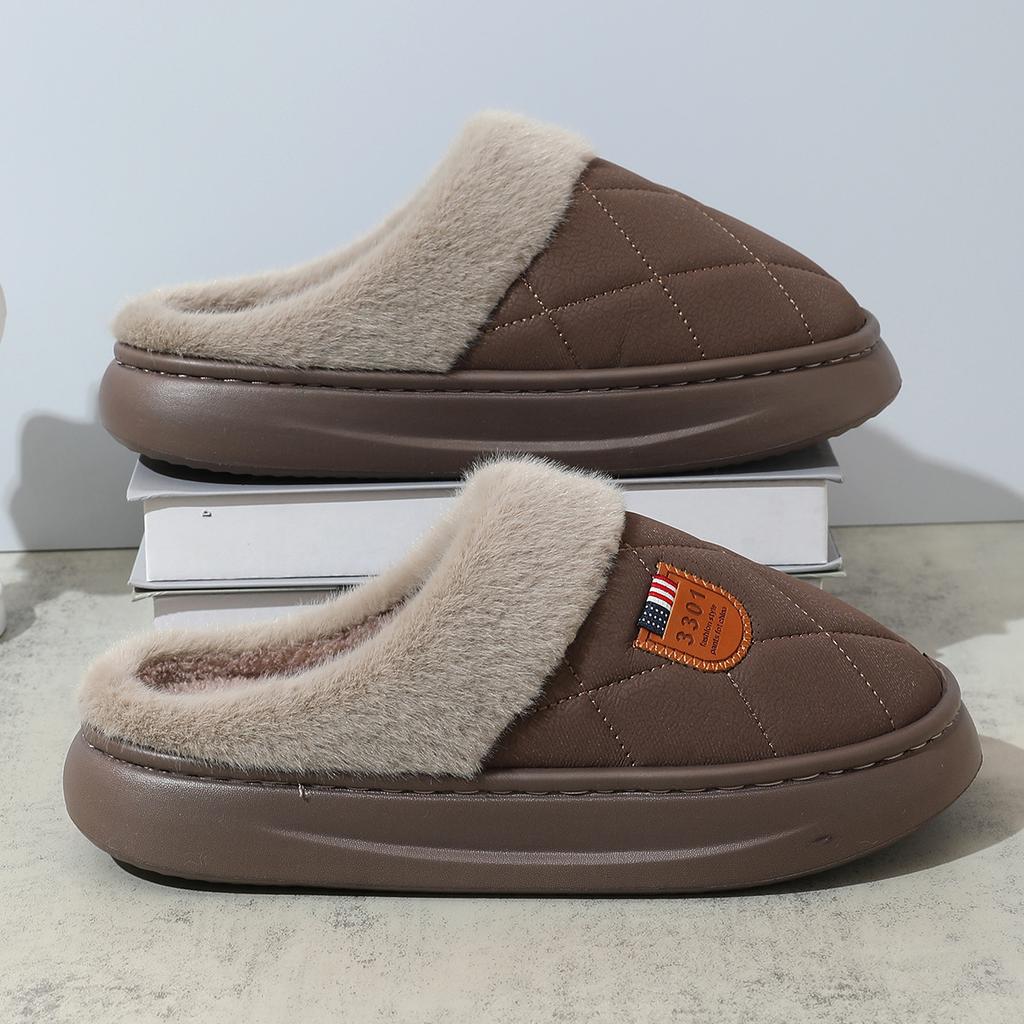 Кожаные хлопковые тапочки для пары осень-зима домашнее тепло домашние комнатные нескользящие на толстой подошве плюшевые тапочки мужские