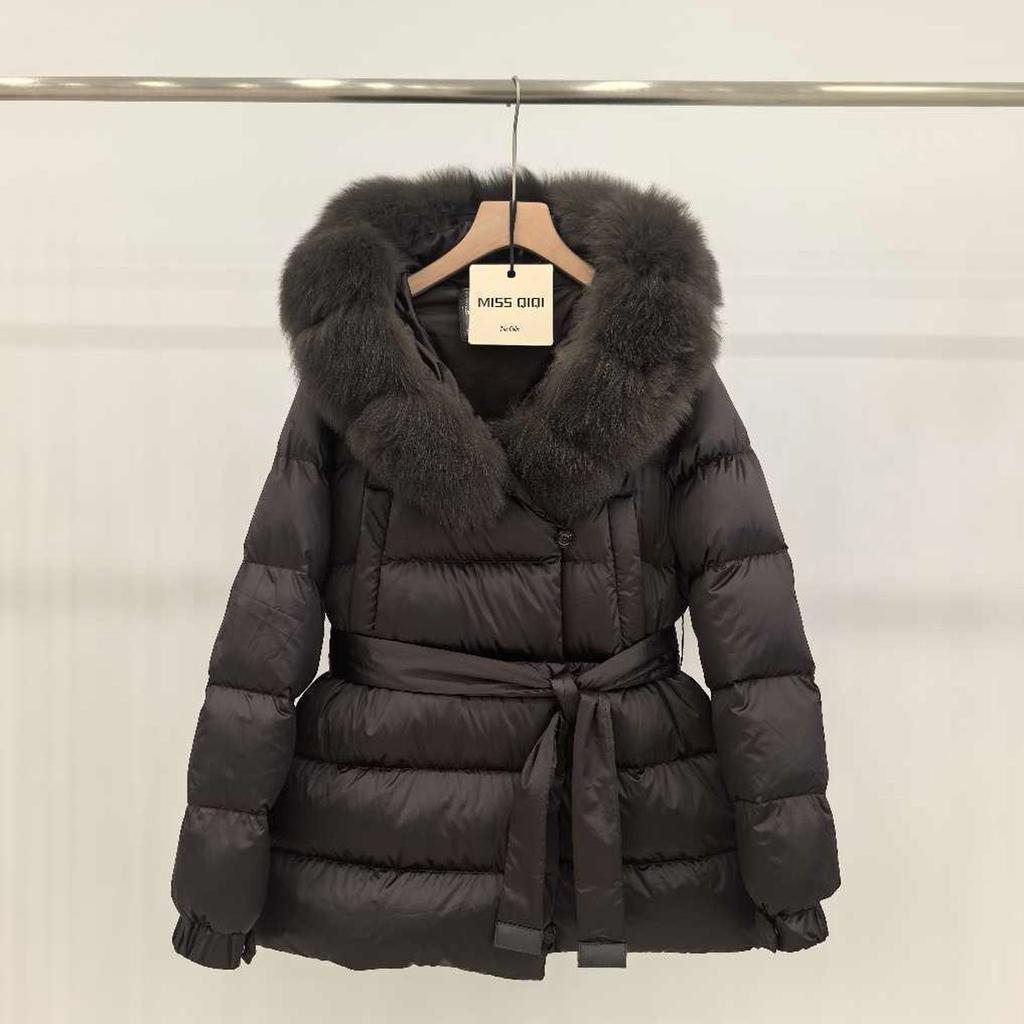 Winter new fox big fur collar short hooded down jacket women's waist slim fit thickened warm jacket