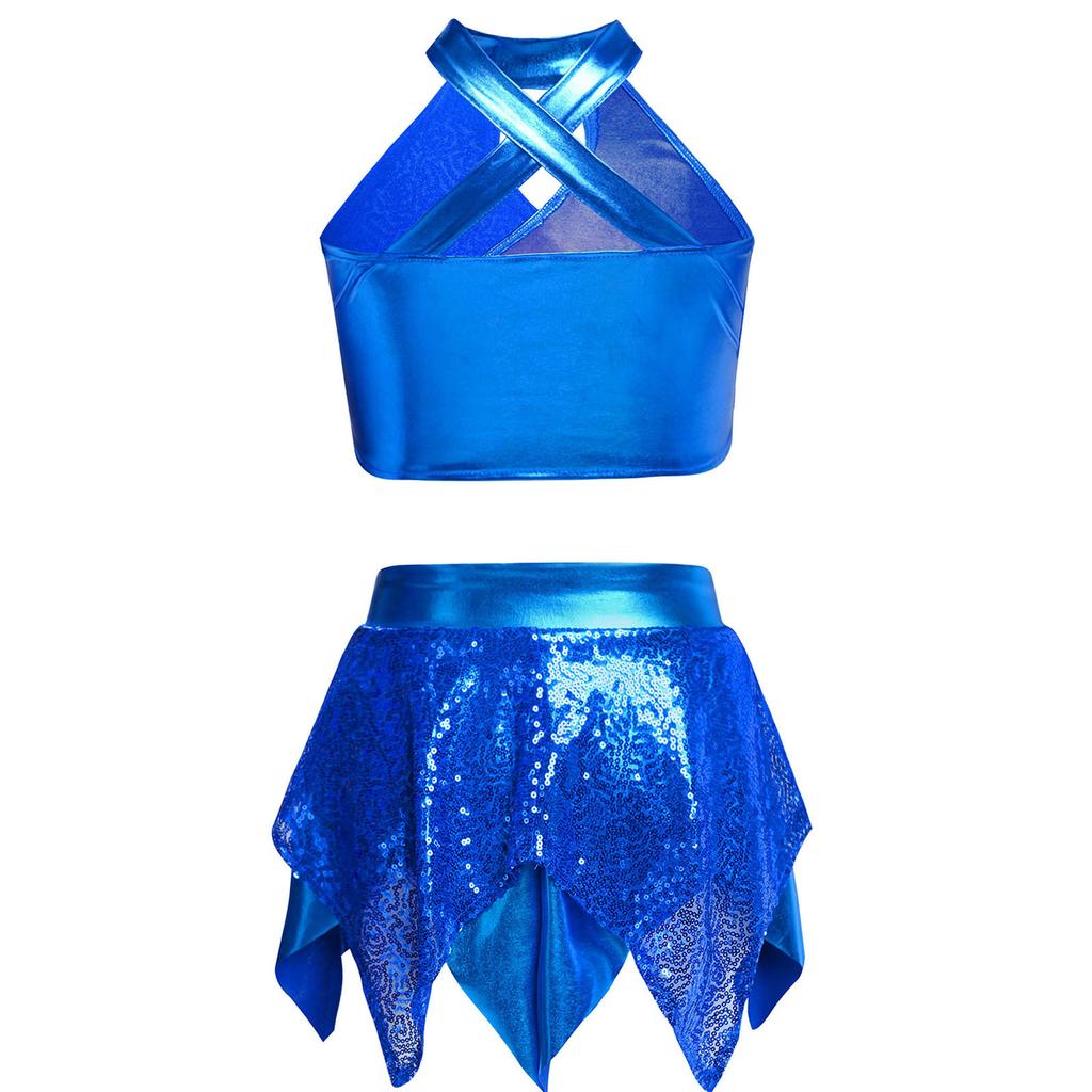 Костюм для джазового танца для девочек, блестящие пайетки, металлический кроп-топ, дизайн с перекрещенным вырезом, асимметричная юбка, наряд для выступления и соревнований