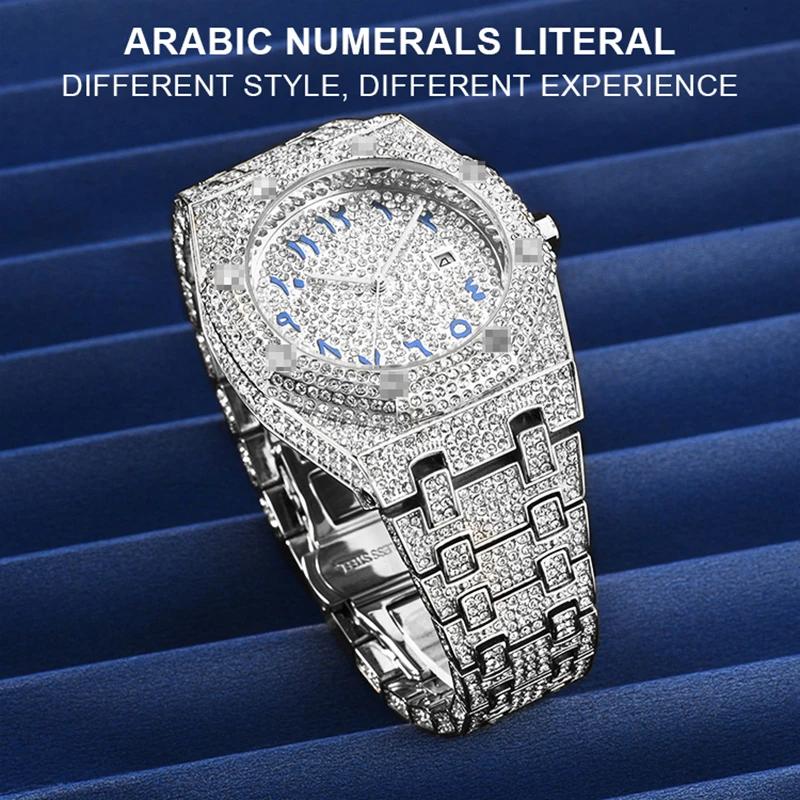 Хип-хоп Уникальные арабские мужские часы Дата Кварцевые наручные часы Золото Серебро Нержавеющая сталь Роскошные часы с бриллиантами для мужчин Ювелирные изделия