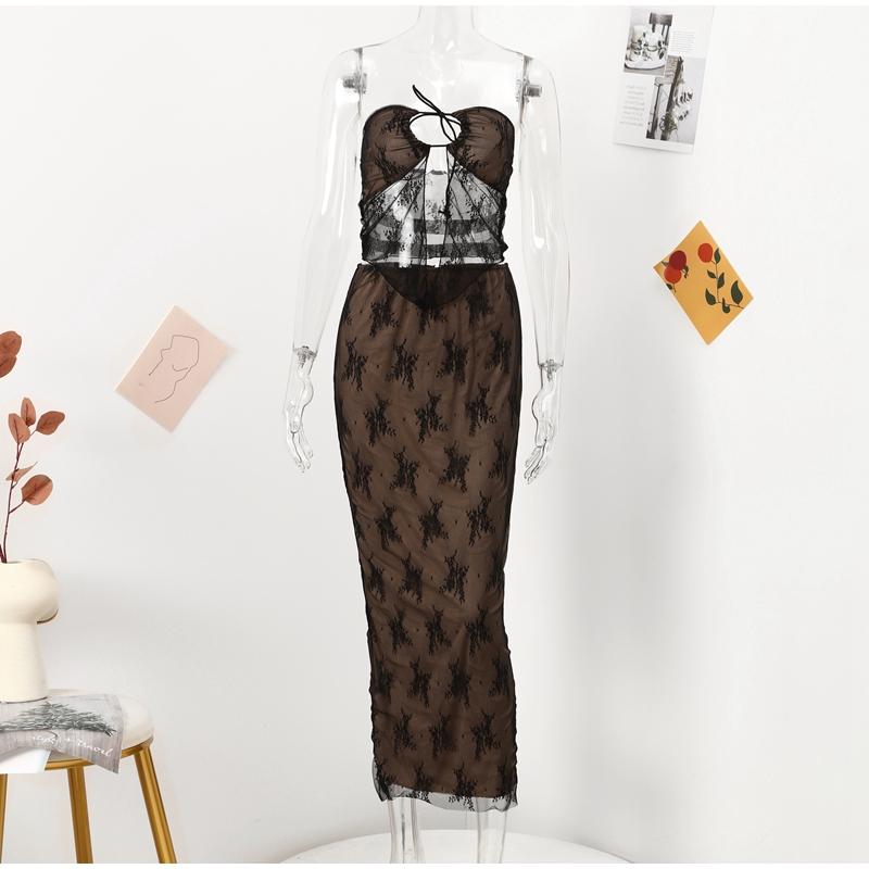 Сексуальные комплекты юбок без бретелек с кружевным принтом, женский прозрачный укороченный топ, длинная юбка, одинаковый комплект, женский костюм из двух предметов для ночного клуба